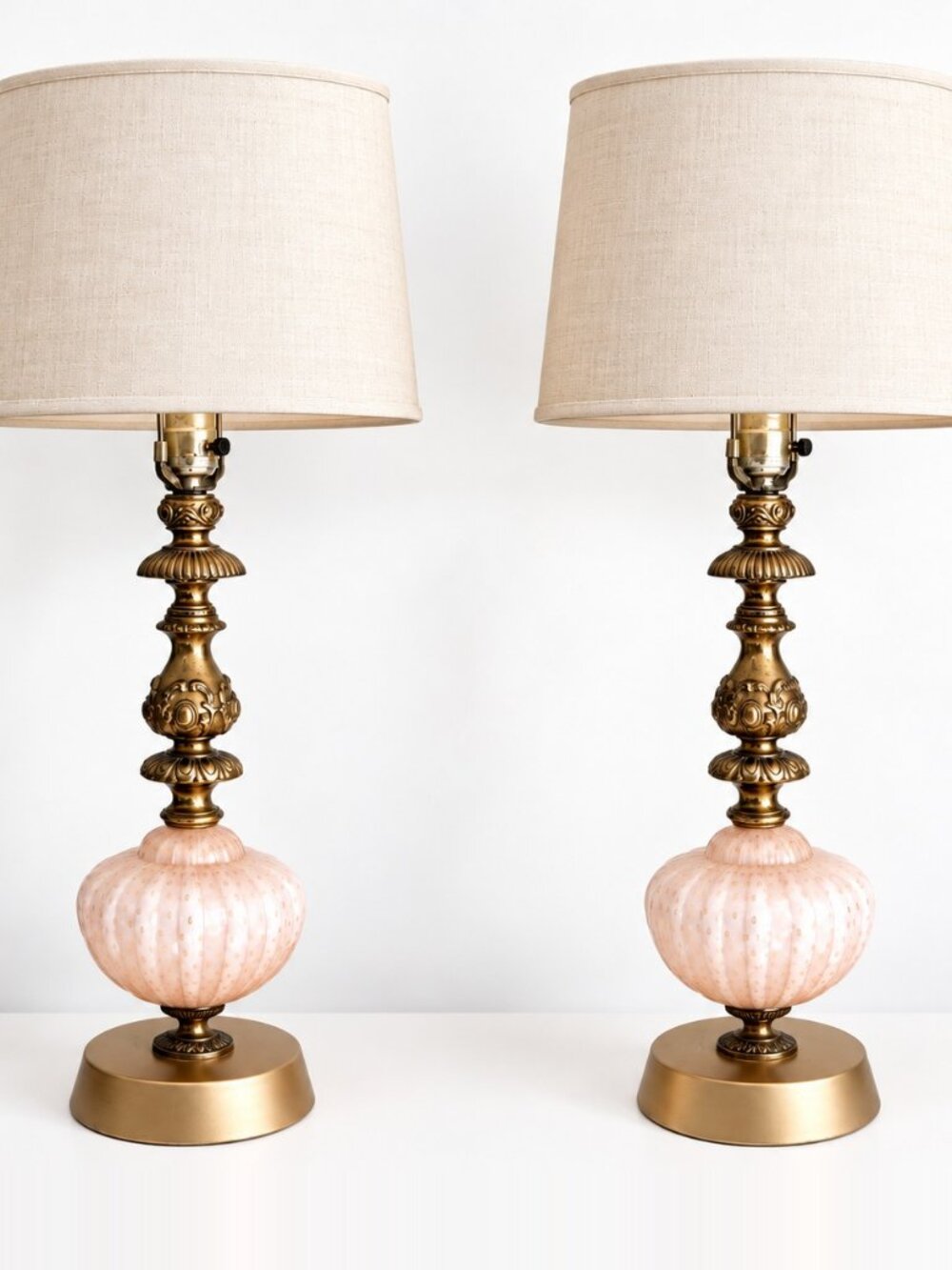 Vintage Hollywood Regency Pink Glass Gold Table Lamps Pair